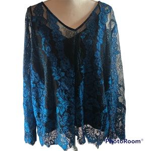 NWT The Limited Collection Mykonos Blue Lace Sheer Blouse w/Black Shell 3X